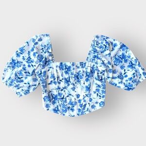 Abercrombie & Fitch Blue and White Puff Sleeve Crop Blouse